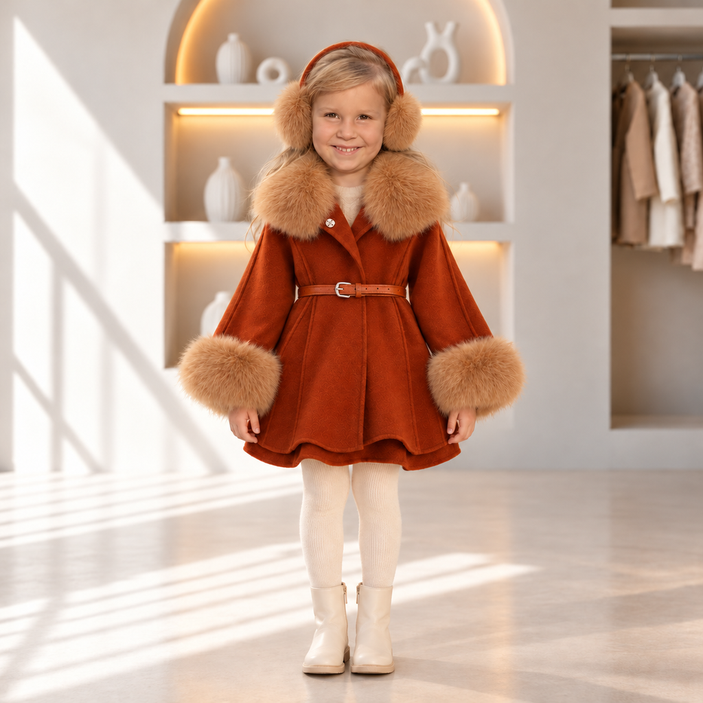 Ginger Wool Coat with Fur Collar & Belt