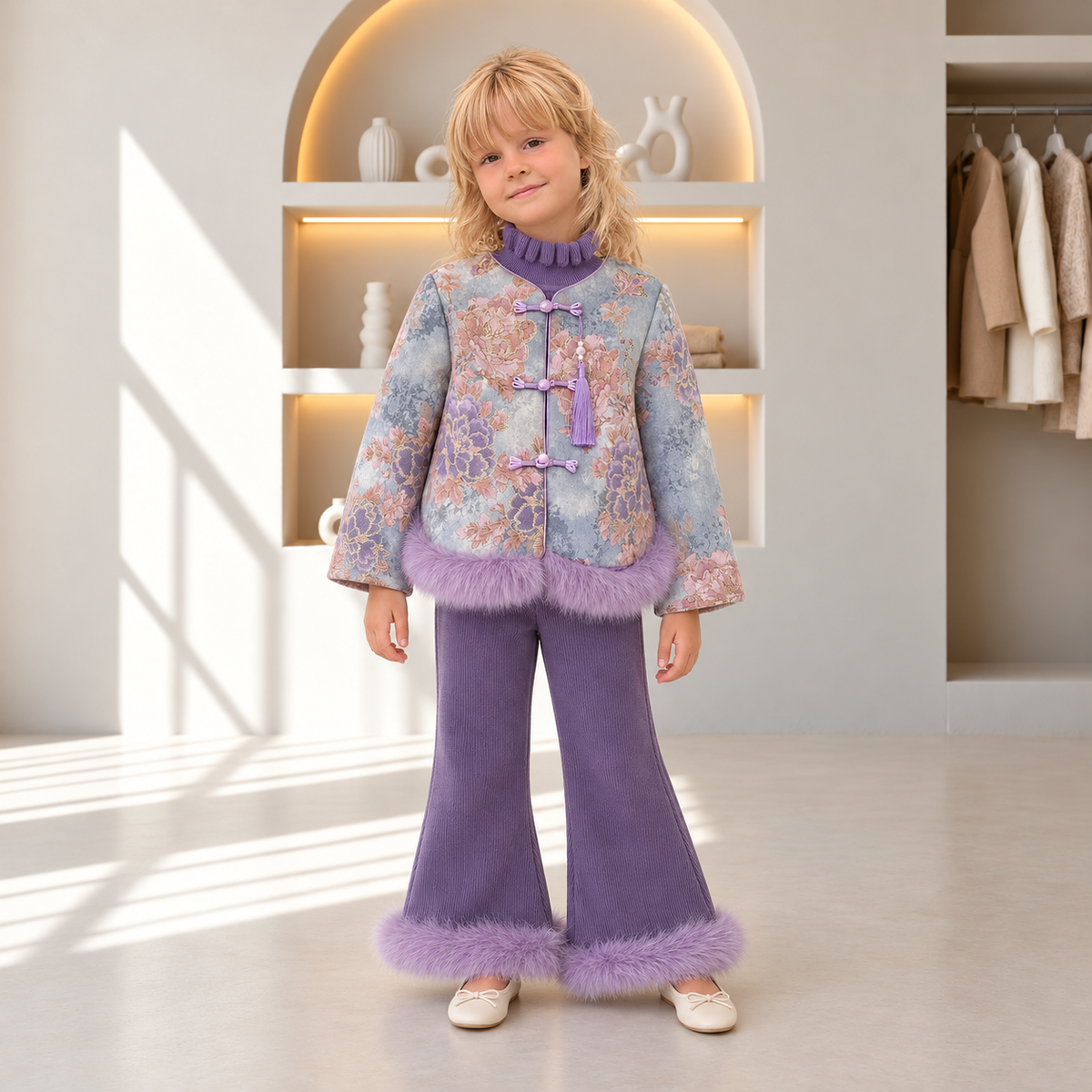 Lily Floral Frog-Button Jacket 3-Piece Set
