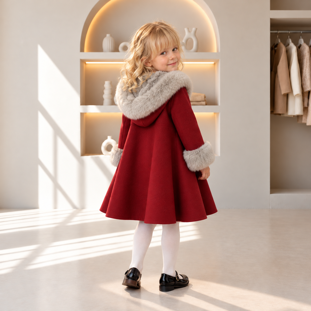 Noelle Red Winter Coat with Faux Fur Collar