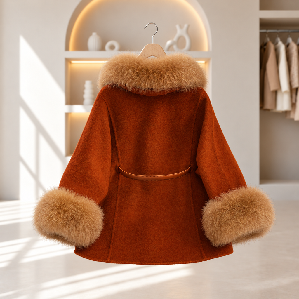 Ginger Wool Coat with Fur Collar & Belt
