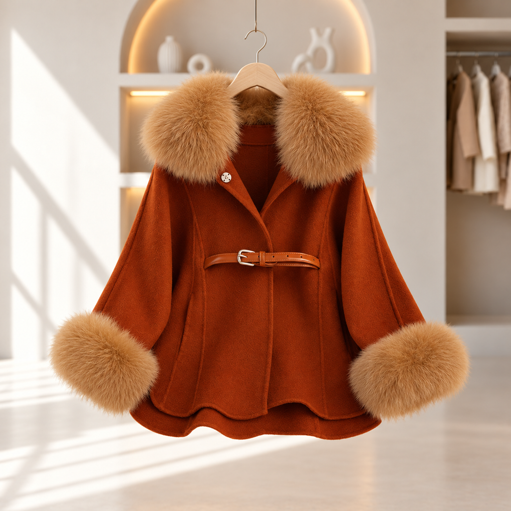 Ginger Wool Coat with Fur Collar & Belt