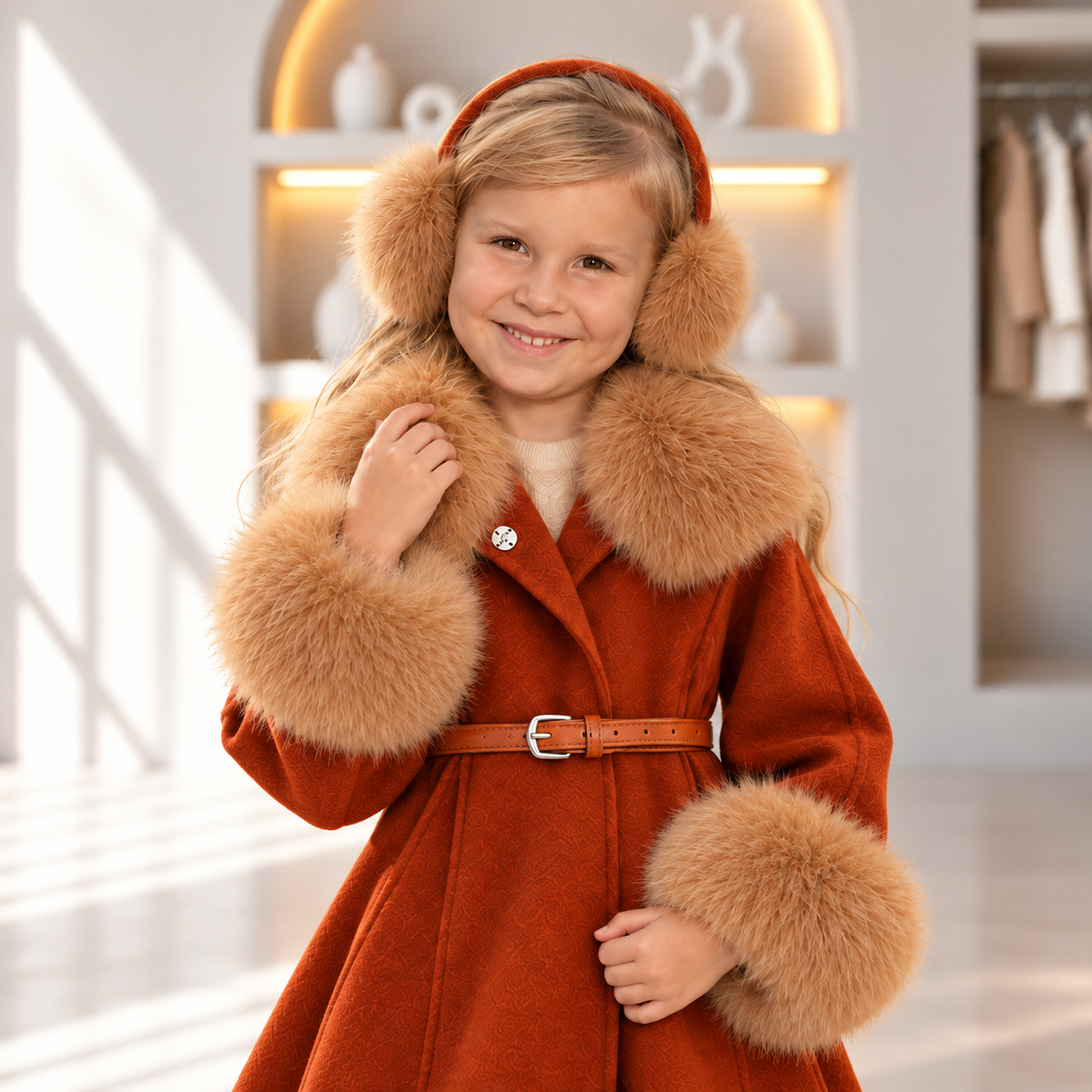 Ginger Wool Coat with Fur Collar & Belt