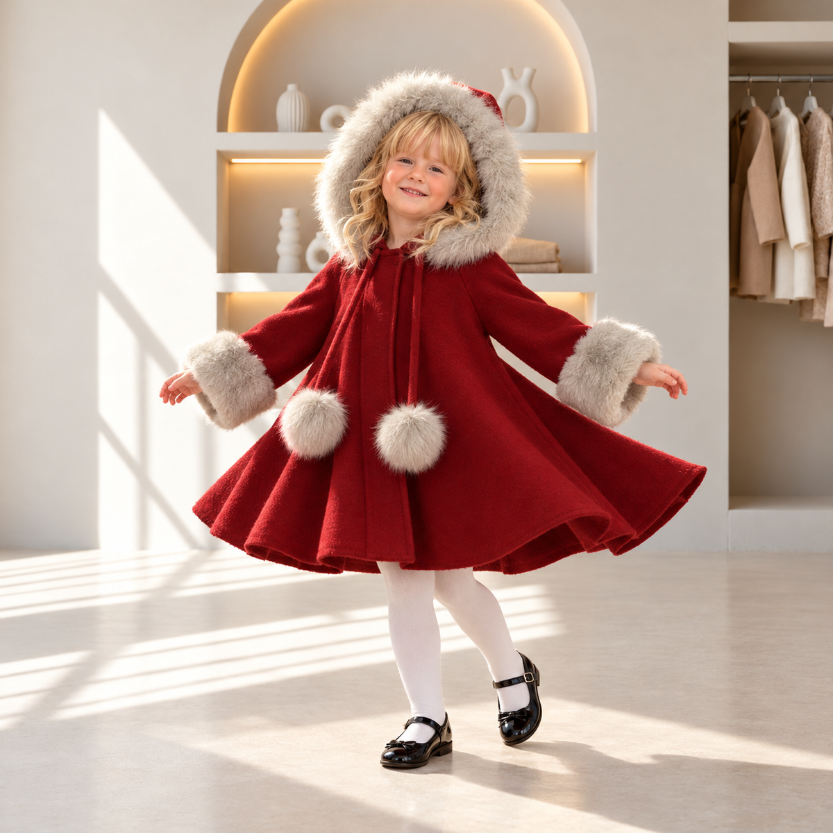 Noelle Red Winter Coat with Faux Fur Collar